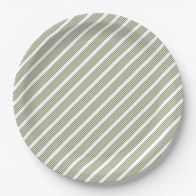 Olive green and white five stripe pattern paper plate (Front)