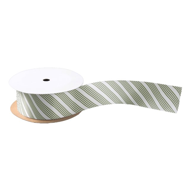 Olive green and white five stripe pattern satin ribbon (Spool)