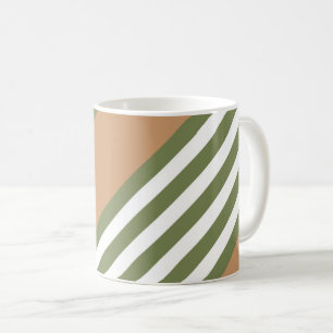Olive green and white five stripe pattern with tan coffee mug