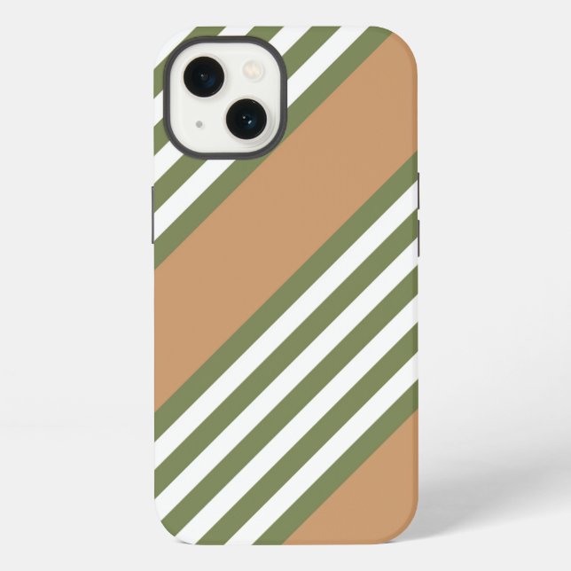 Olive green and white five stripe pattern with tan iPhone case (Back)