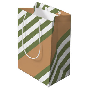 Olive green and white five stripe pattern with tan medium gift bag