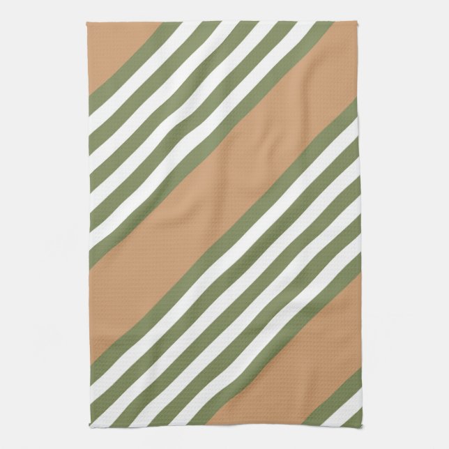 Olive green and white five stripe pattern with tan tea towel (Vertical)