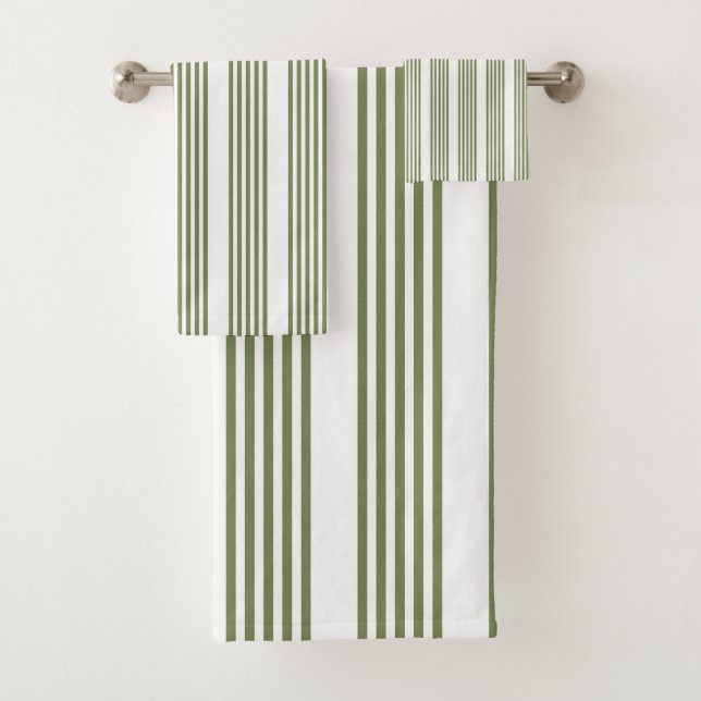 Olive green and white five stripes pattern bath towel set (Insitu)