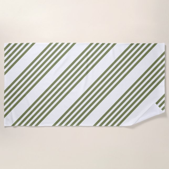 Olive green and white five stripes pattern beach towel (Front)