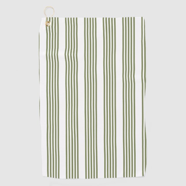 Olive green and white five stripes pattern golf towel (Front)