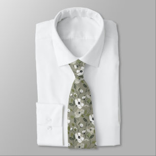 Olive Green and White Floral  Tie