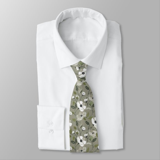 Olive Green and White Floral  Tie (Tied)