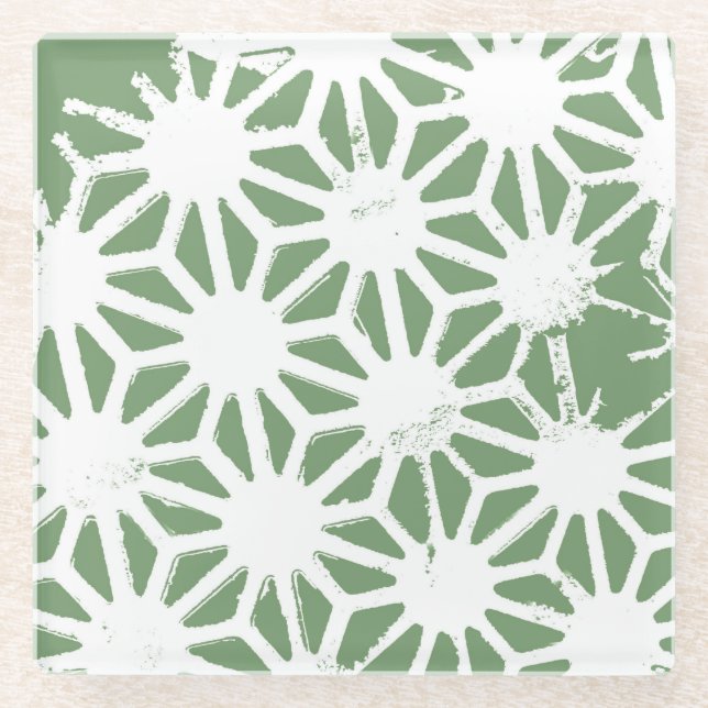 Olive green and white geometric pattern glass coaster (Front)