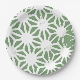 Olive green and white geometric pattern paper plate