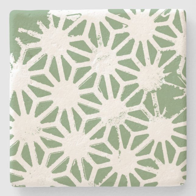 Olive green and white geometric pattern stone coaster (Front)