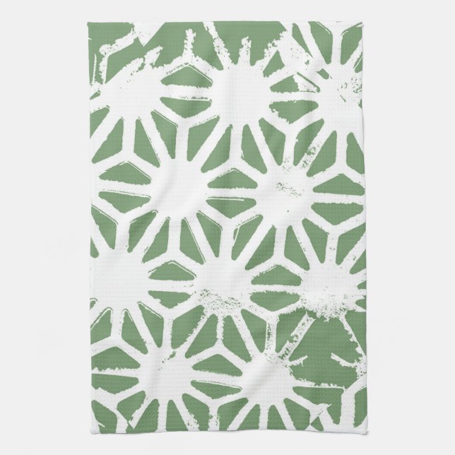 Olive green and white geometric pattern tea towel (Vertical)