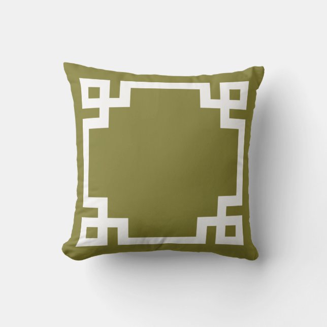 Olive Green and White Greek Key Border Cushion (Front)