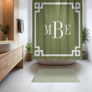 Olive Green and White Greek Key   Monogrammed Shower Curtain