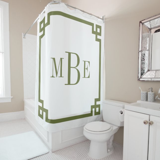 Olive Green and White Greek Key | Monogrammed Shower Curtain (In Situ)