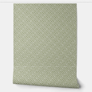 Olive Green and White Greek Key Pattern Wallpaper