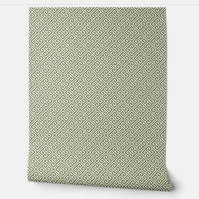 Olive Green and White Greek Key Pattern Wallpaper (Unrolling)