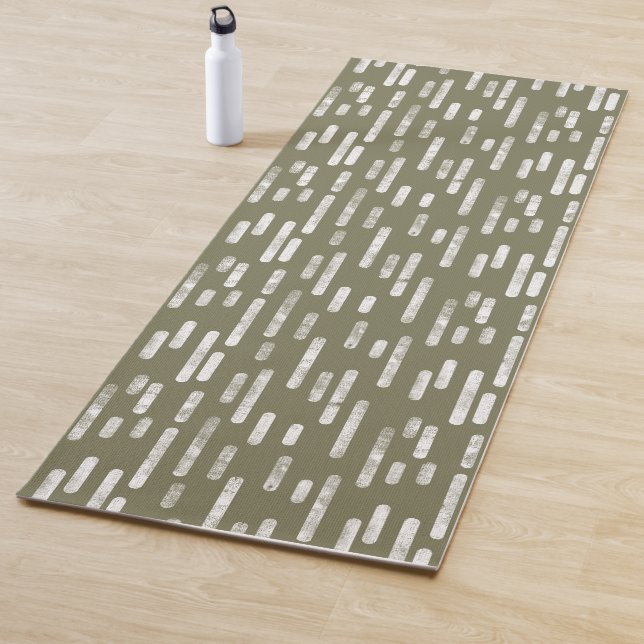 Olive Green and White Inky Rounded Lines Pattern Yoga Mat (In Situ)