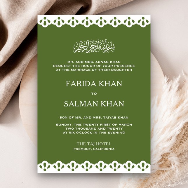 Olive Green and White Lace Islamic Muslim Wedding Invitation (Creator Uploaded)