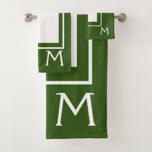 Olive Green and White Monogram Bath Towel Set