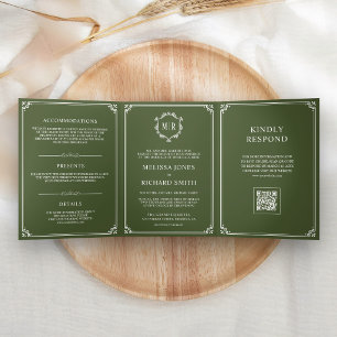 Olive Green and White Monogram QR Code Wedding Tri-Fold Invitation
