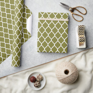 Olive Green and White Moroccan Quatrefoil Wrapping Paper