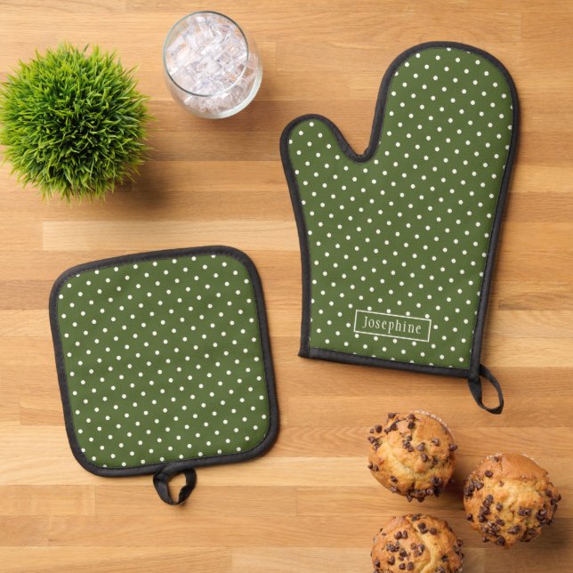Olive Green And White Polka Dots With Name Oven Mitt & Pot Holder Set (Top Down)