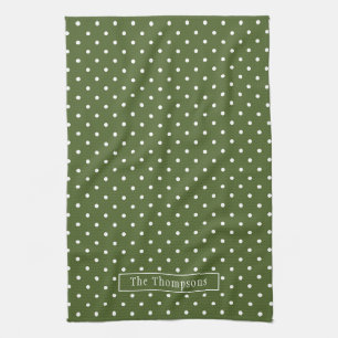 Olive Green And White Polka Dots With Name Tea Towel
