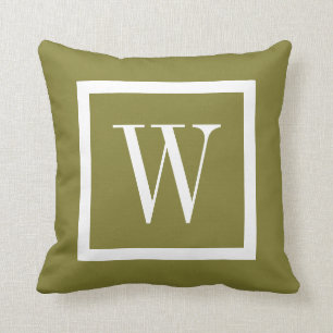 Olive Green and White Preppy Square Monogram Cushion