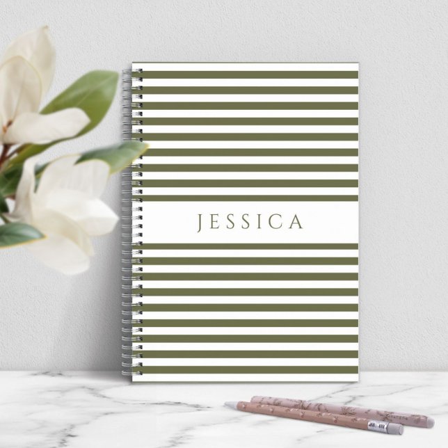 Olive Green And White Striped Pattern Name Notebook (Personalized Green Stripes Notebook)
