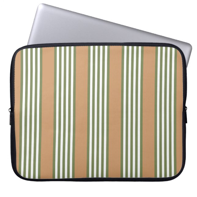 Olive green and white stripes pattern with tan laptop sleeve (Front)