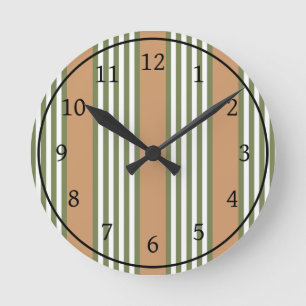 Olive green and white stripes pattern with tan round clock