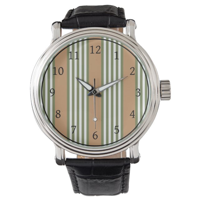 Olive green and white stripes pattern with tan watch (Front)