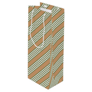 Olive green and white stripes pattern with tan wine gift bag