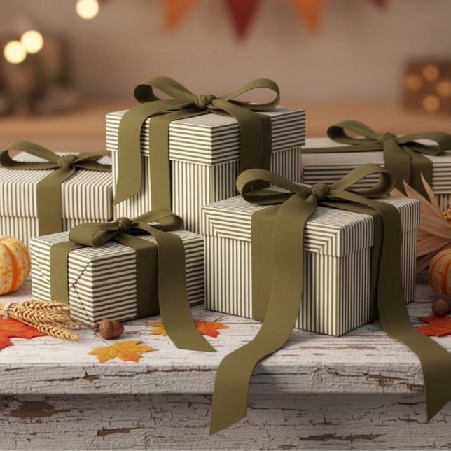 Olive Green and White Stripes Pattern Wrapping Paper (Modern & Classic Olive Green Wrapping Paper. Trendy Navy Blue & White Chic Stripes Pattern for Him.)