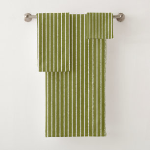 Olive Green and White Stripes with Uneven Lines Bath Towel Set