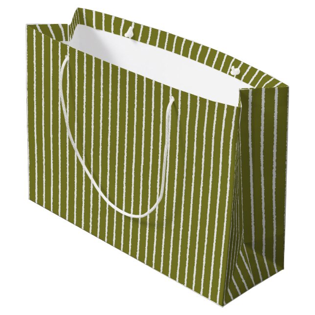 Olive Green and White Stripes with Uneven Lines Large Gift Bag (Back Angled)