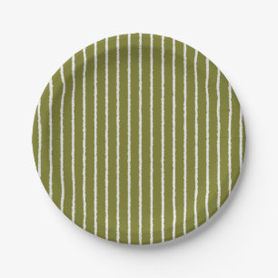 Olive Green and White Stripes with Uneven Lines Paper Plate