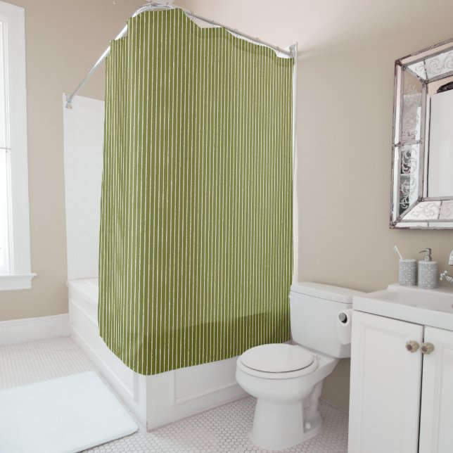 Olive Green and White Stripes with Uneven Lines Shower Curtain (In Situ)