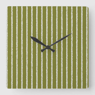 Olive Green and White Stripes with Uneven Lines Square Wall Clock