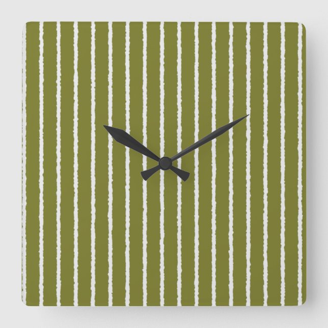 Olive Green and White Stripes with Uneven Lines Square Wall Clock (Front)