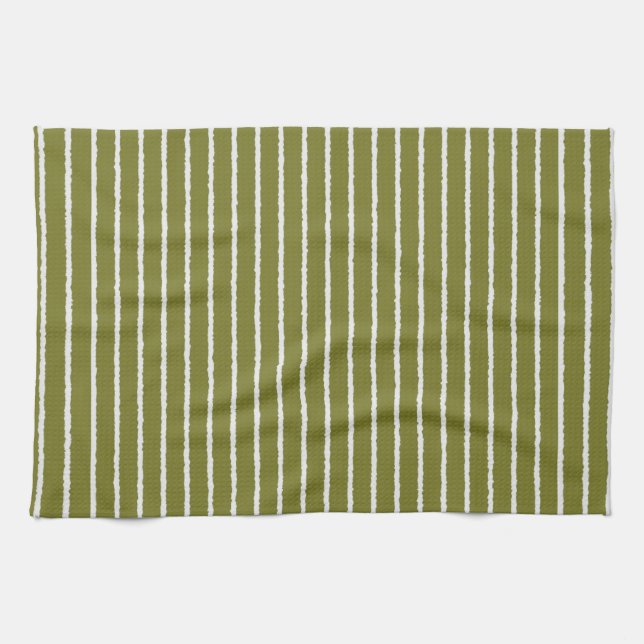 Olive Green and White Stripes with Uneven Lines Tea Towel (Horizontal)