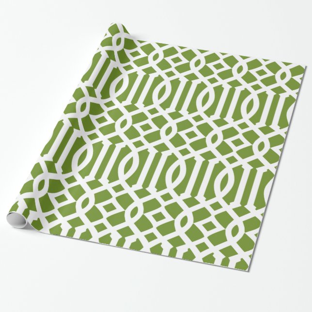 Olive Green and White Trellis Pattern Wrapping Paper (Unrolled)