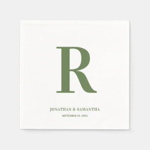 Olive Green and White Wedding Monogram Modern Napkin