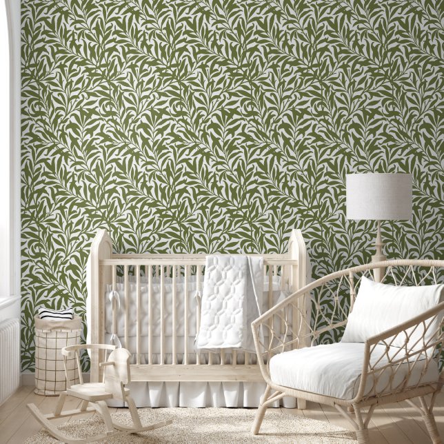 Olive Green and White Willow Bough Wallpaper (Kids)