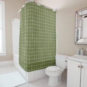 Olive Green and White Windowpane Check Shower Curtain