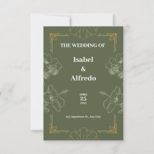 Olive Green and Yellow Floral Illustration Wedding Invitation
