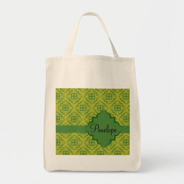 Olive Green Arabesque Moroccan Graphic Pattern Tote Bag (Front)