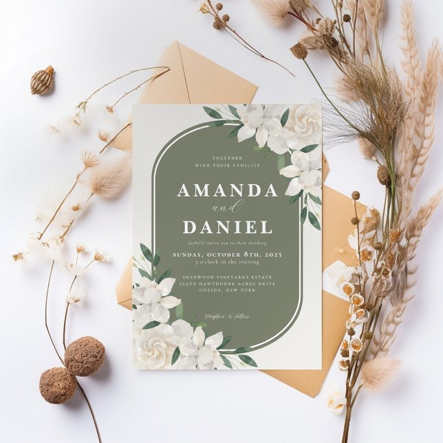 Olive Green Arch White Floral Wedding Invitation (Creator Uploaded)