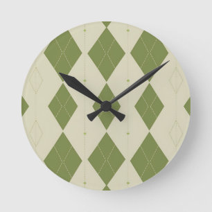 Olive Green Argyle Diamond Pattern Round Clock