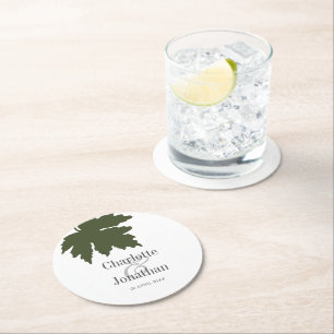 Olive Green Autumn Maple Leaf Wedding/Engagement Round Paper Coaster